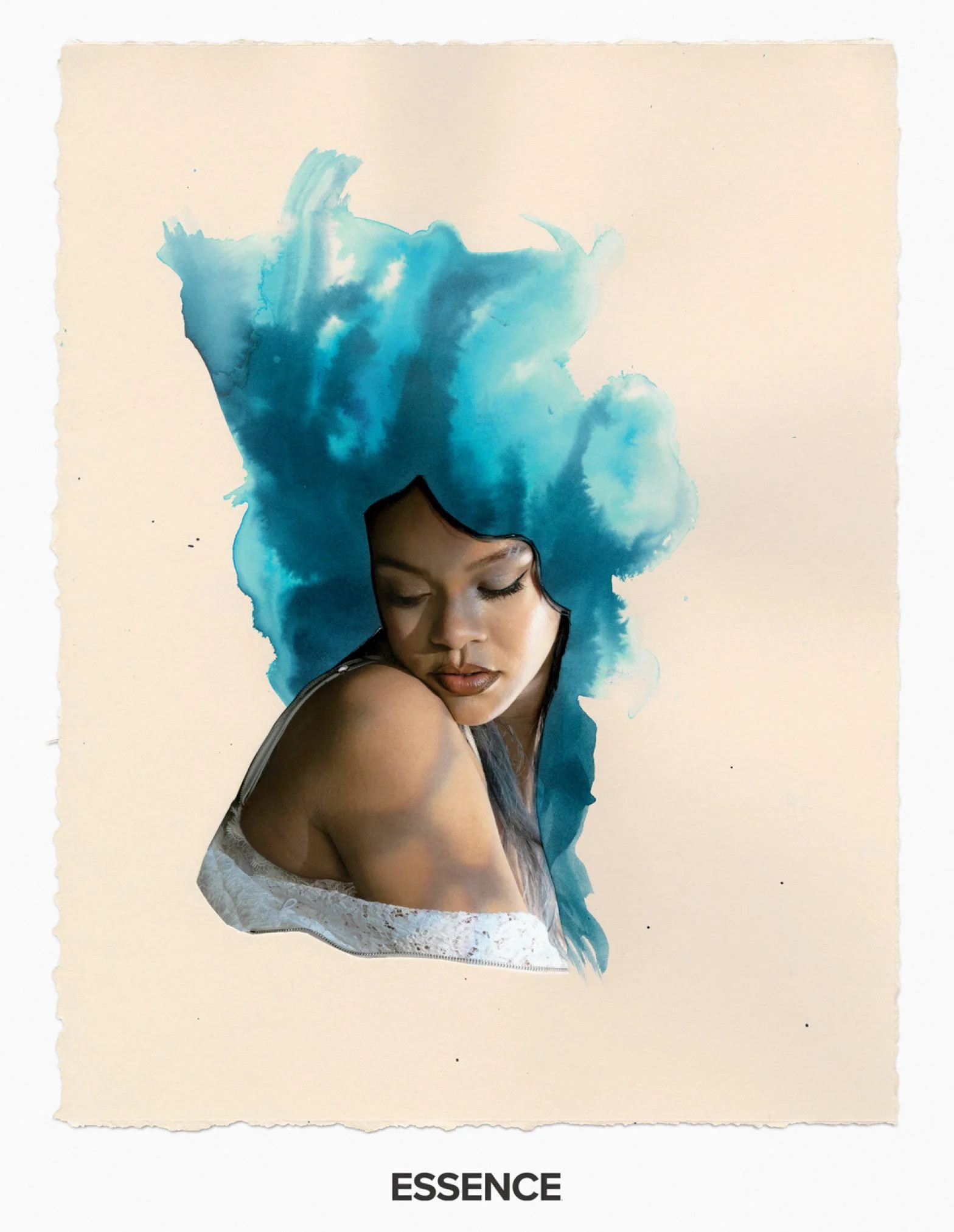 Blue Cumulus Rihanna by Lorna Simpson, Of Earth & Sky, 2020. Photographic collage, Dimensions variable © Lorna Simpson Courtesy of the artist and Hauser & Wirth. Bra Savage x Fenty. Top Harris Reed. Jacket Hood by Air.