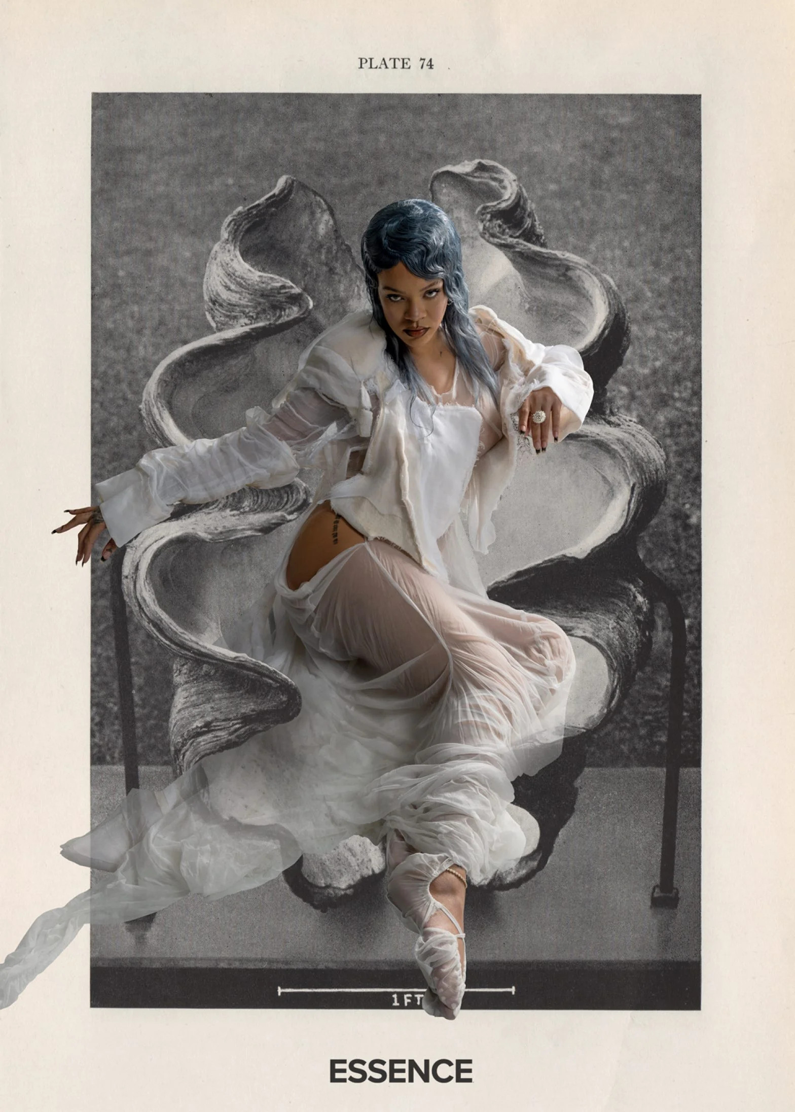 Bivalve Rihanna by Lorna Simpson, Of Earth & Sky, 2020. Photographic collage, Dimensions variable © Lorna Simpson Courtesy of the artist and Hauser & Wirth. Dress and shoes: Maison Margiela Artisanal. RING Camilla Diets Bergeron. Earrings Thelma West, Lang Antiques and Colette (cuff)