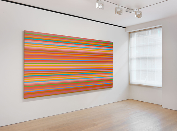 Installation view of Bridget Riley The Stripe Paintings 1961-2014, at David Zwirner, London