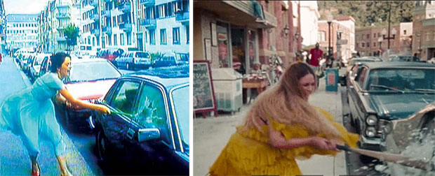 A still from Pipilotti Rist's Ever Is Over All (1997) and Beyoncé's Hold Up (2016) videos