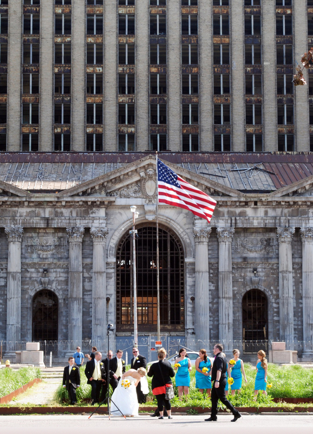 Kevin Robishaw, Wedding Party, Michigan Central Station, 2015. From The Architectural Imagination's My Detroit Postcards 