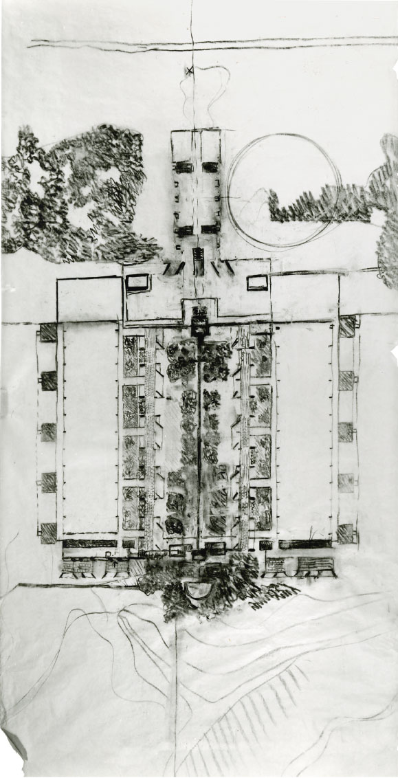 Salk Institute, 1959, by Louis Kahn. Charcoal on paper. From Drawing Architecture