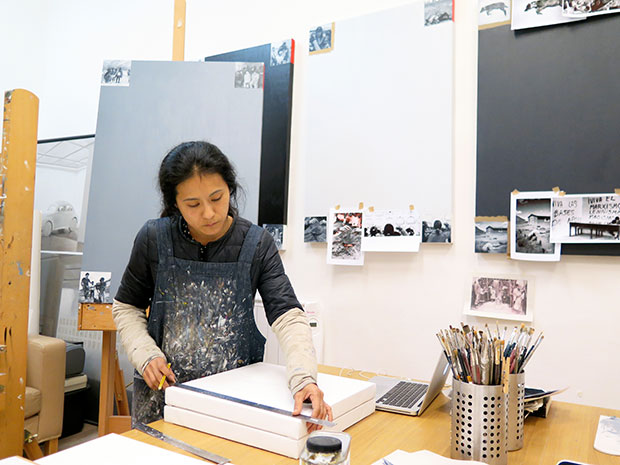 Sandra Gamarra in her studio in 2015 photographed by Antoine Henry Jonquères