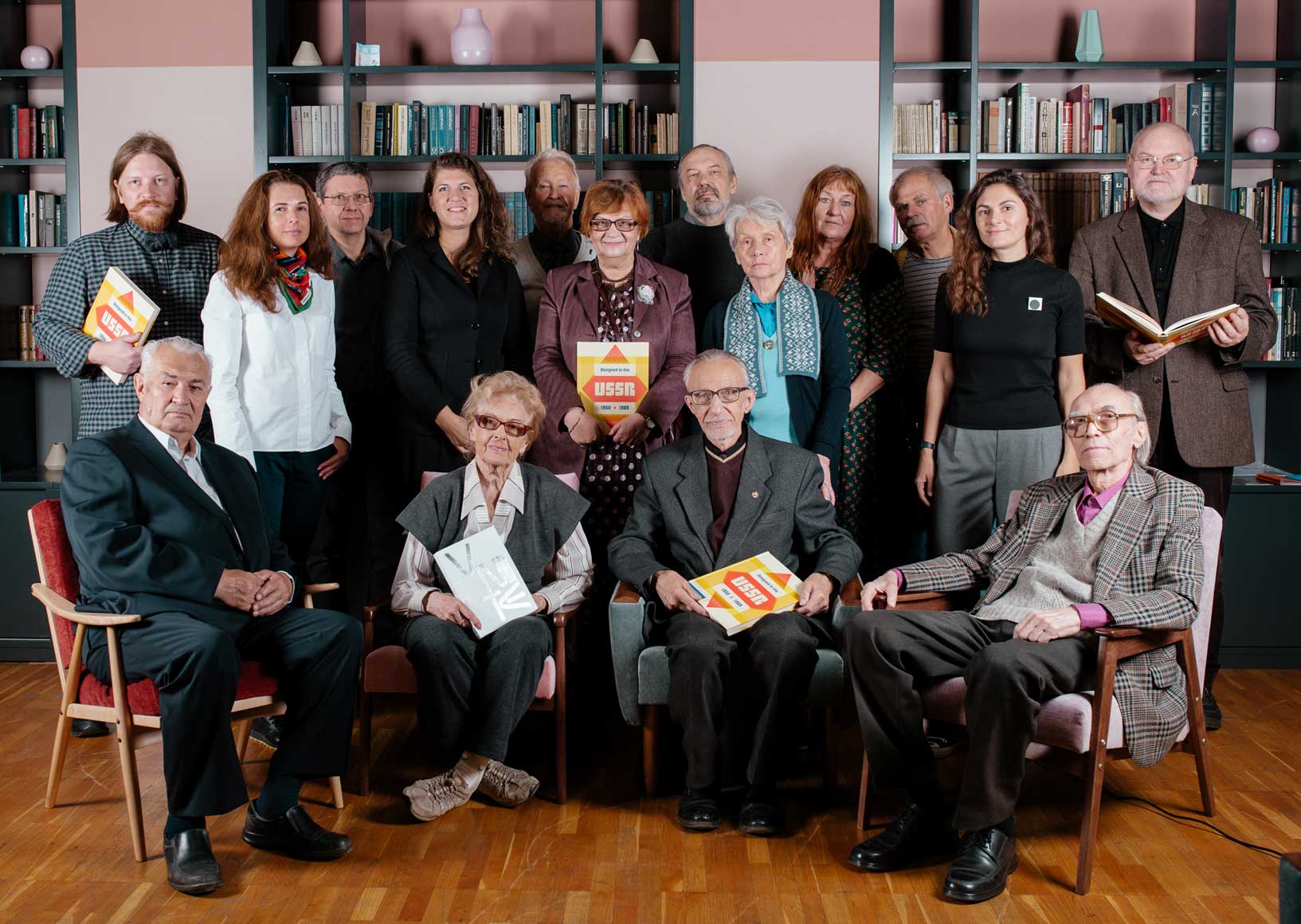 Some of the designers featured in Designed in the USSR: 1950-1989 photographed at the Tretiakov Gallery in Moscow last month. Sitting, from left to right: Oleg Kostenko, Irina Kostenko, Vladimir Runge, Alexander Grashin; Standing, front, left to right: Olga Druzhinina, Alexandra Sankova, (unknown), Marina Timofeeva, Sveta Chirkova; Standing, back, left to right: Stepan Lukyanov, Alexander Lavrentyev, (unknown), Alexey Kolotushkin, (unknown), (unknown), Igor Lisenko