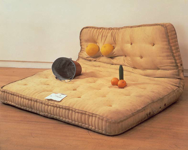 Sarah Lucas - Au Naturel 1994 Mattress, water bucket, melons, oranges and cucumber