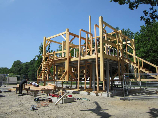 Scaffold, 2012, Sam Durant (under construction in Karlsaue Park, Kassel, Germany, June, 2012) Image courtesy the artist, Blum & Poe, Paula Cooper Gallery, Praz-Delavallade and Sadie Coles HQ