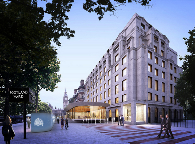 New Scotland Yard, Victoria Embankment, London: the South Building on the  left with the North Building on the right