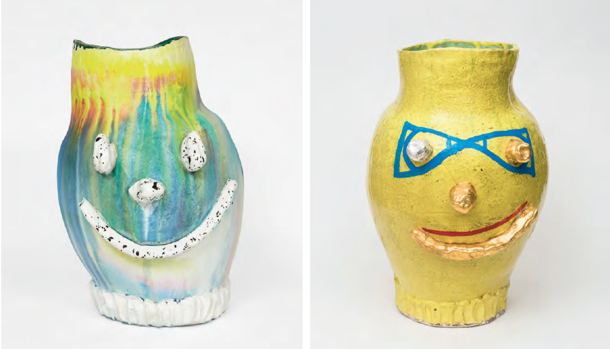 (Left) Italian Ice, 2015 Low fire clay and glazes with Lascaux paint (Right) X Ray Spex, 2015 Low fire clay and glazes, enamel paint with gold and silver leaf - Dan McCarthy