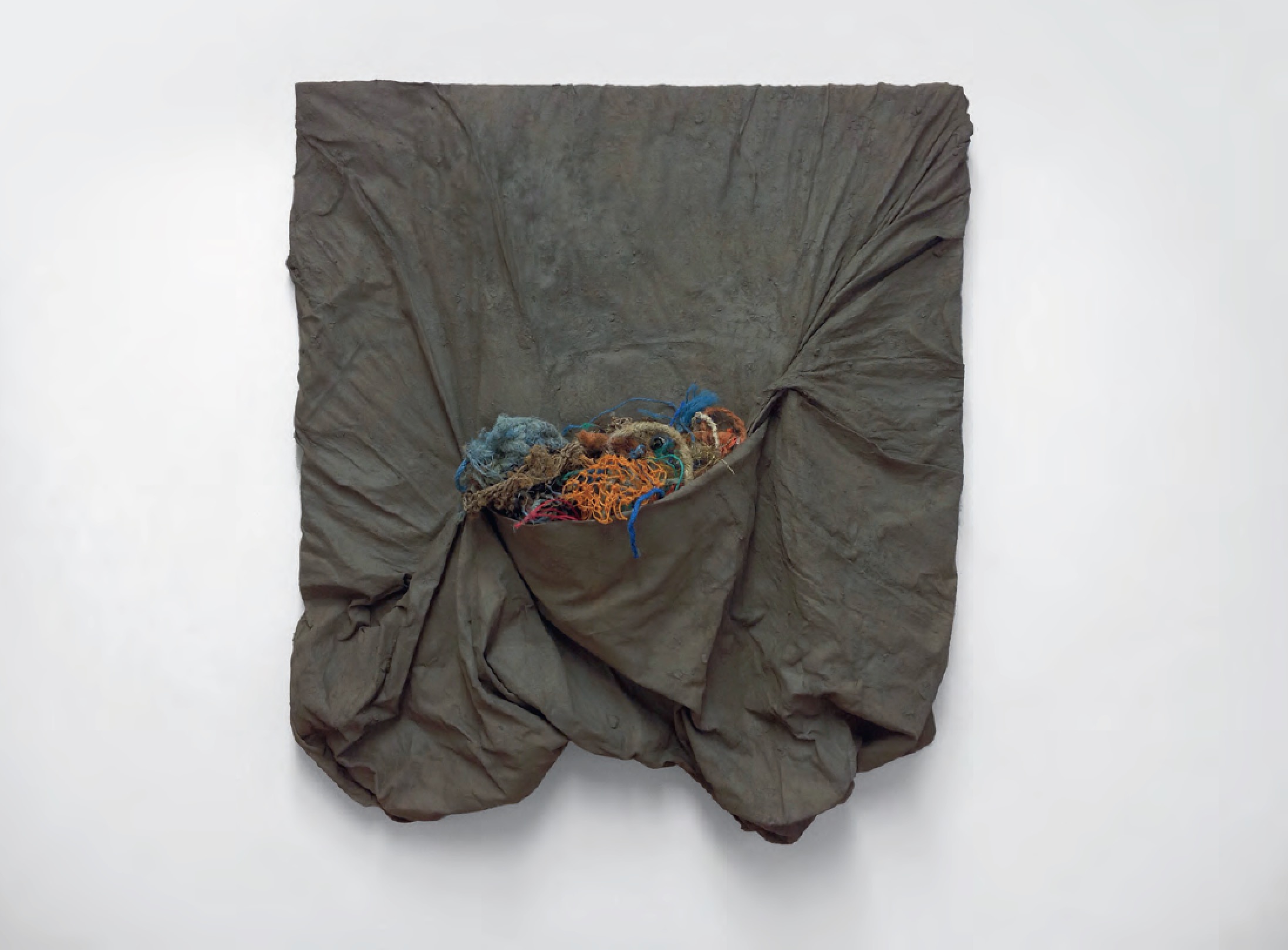 Coming Home, 2014 Bed sheet, River Tees clay, found rope - Emily Hesse
