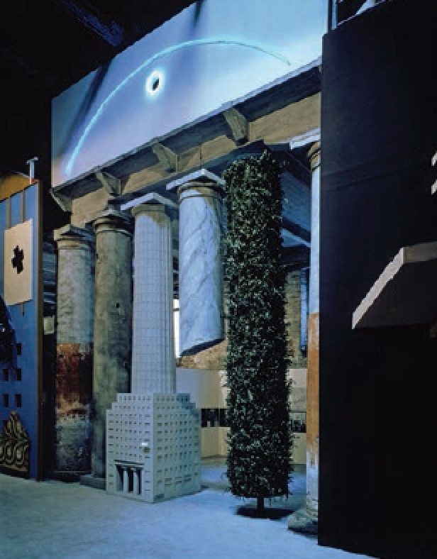 Poster featuring the Strada Novissima installation at La Presenza del Passato (The Presence of the Past) exhibition at the 1980 Venice Architecture Biennale from Exhibit A Exhibitions That Transformed Architecture 1948-2000