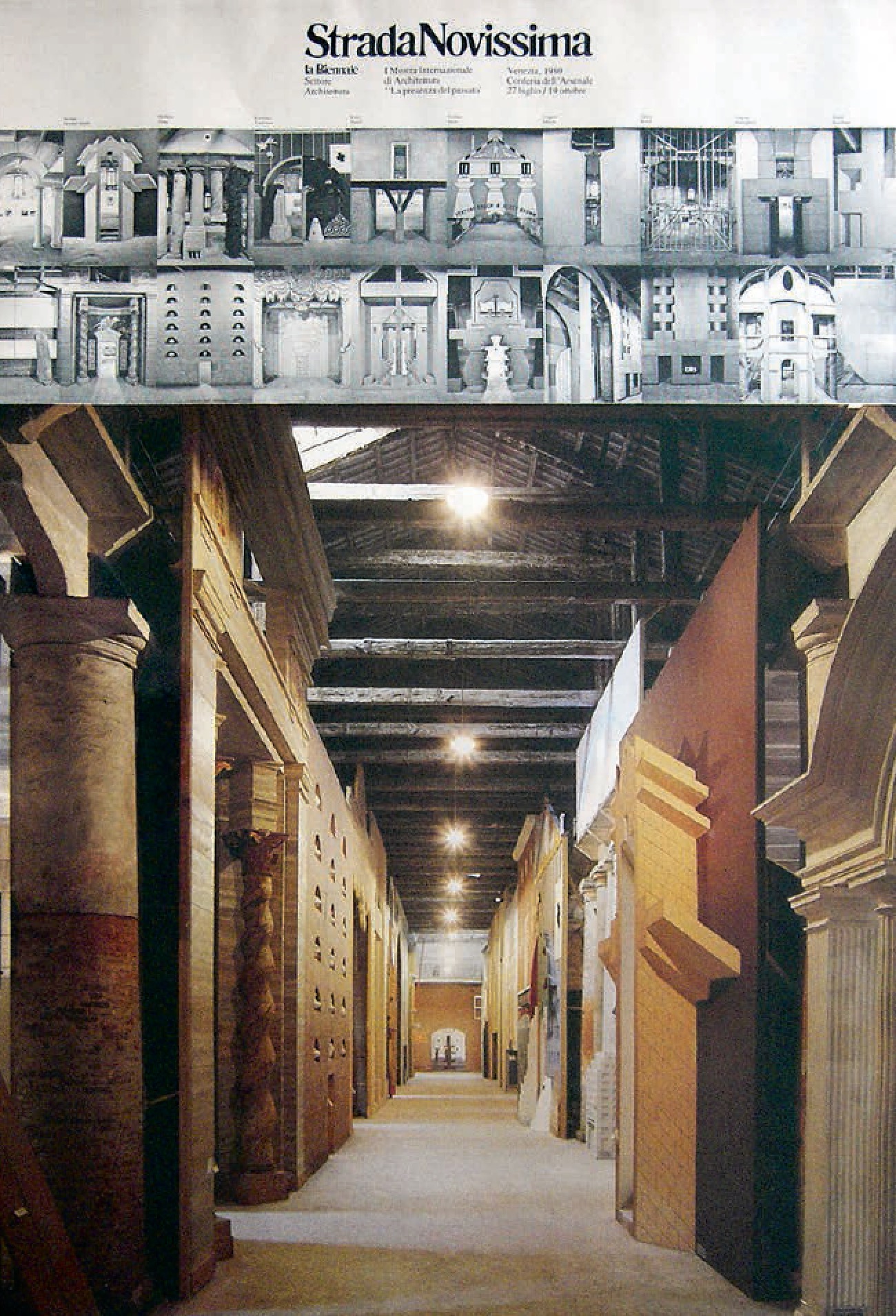 Poster featuring the Strada Novissima installation at La Presenza del Passato (The Presence of the Past) exhibition at the 1980 Venice Architecture Biennalefrom Exhibit A Exhibitions That Transformed Architecture 1948-2000