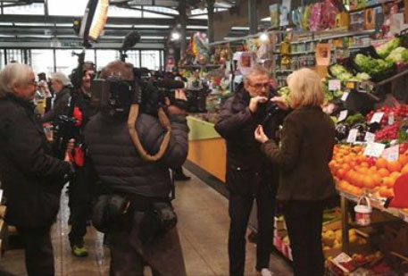 Massimo Bottura filming a 60 Minutes segment in the Mercato Storico Albinelli market in Modena, March 2018