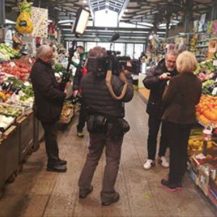 Massimo Bottura filming a 60 Minutes segment in the Mercato Storico Albinelli market in Modena, March 2018