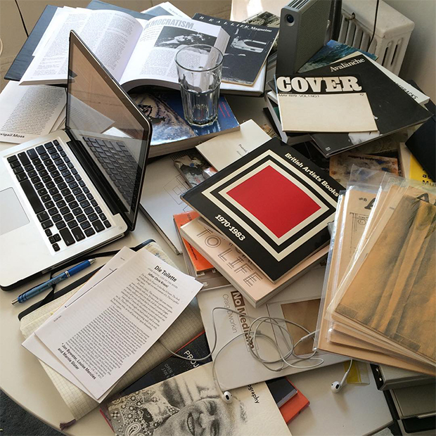 James Joff's desk, while working on The Social Life of the Book. Image courtesy of James Hoff's Instagram