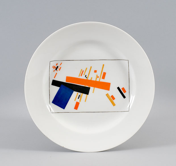 Kazimir Malevich (design) & AN Kudryavtsev (painting), Dynamic Composition, 1923, porcelain with glaze, 24 cm diameter.Image courtesy of Sophia Contemporary, via Frieze Masters