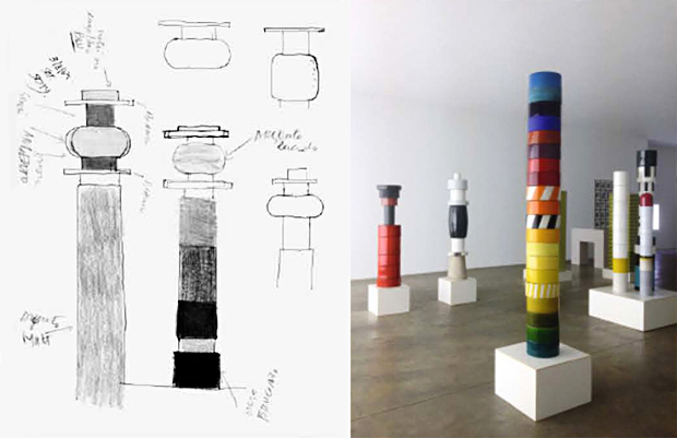 (left) Study of ceramic for Menhir, Ziggurat, Stupas, Hydrants & Gas Pumps exhibition, Milan,  1967 (right) Piece exhibited at Menhir, Ziggurat, Stupas, Hydrants & Gas Pumps exhibition, Milan,  1967