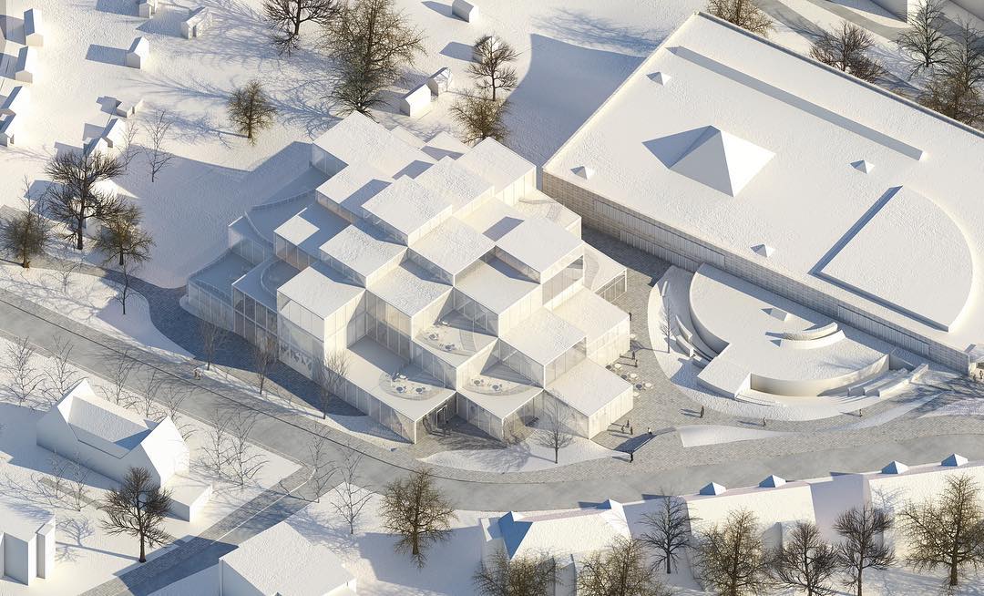 A rendering for Sou Fujimoto's HSG Learning Center in St. Gallen university, Switzerland.