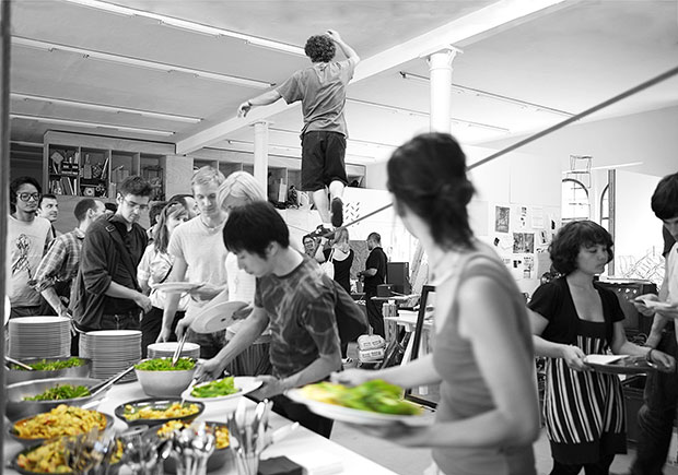 Slacklining during lunch at the Space Activism Marathon, an event organised by the Institut für Raumexperimente (Institute for Spatial Research), Berlin, June 2010 Phaidon, 2016 Photo: María del Pilar García Ayensa/ Studio Olafur Eliasson © Institut für Raumexperimente, UdK Berlin From Studio Olafur Eliasson The Kitchen