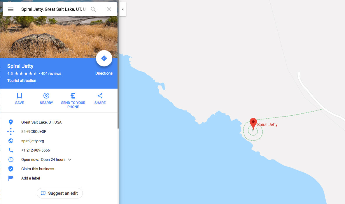 Spiral Jetty, as it appears on Google Maps