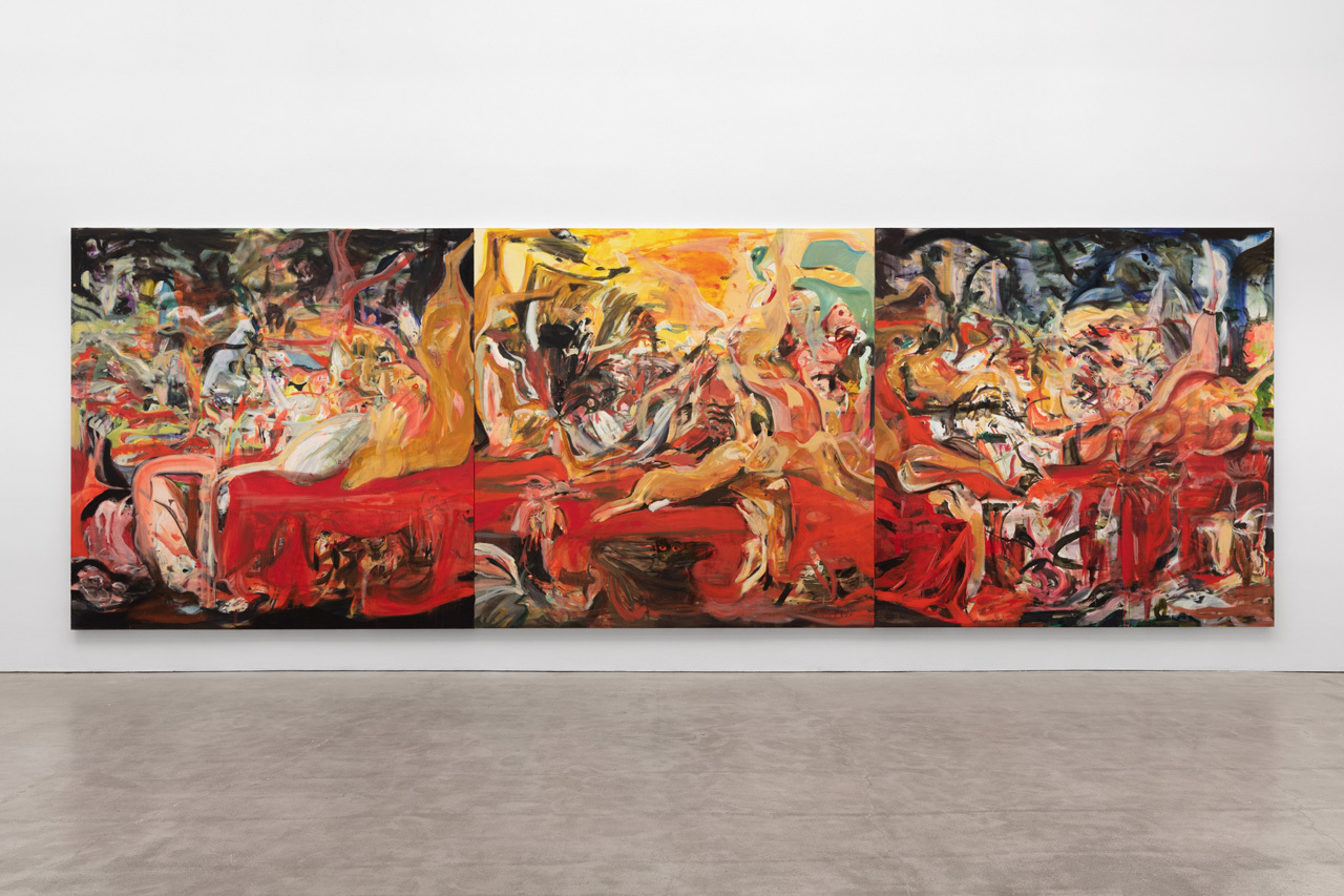 Cecily Brown, The Splendid Table, 2019-2020, oil on linen , 3 panels, overall: 105 1/2 x 316 1/2 in. (268 x 803.9 cm); each: 105 1/2 x 105 1/2 in. (268 x 268 cm). Image courtesy of the artist and Paula Cooper Gallery