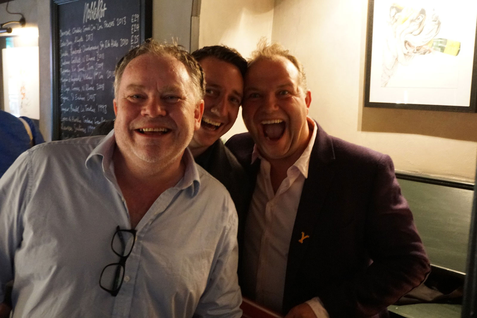 Stephen Harris with Andrew Pern of the Star Inn at Harome and James Mackenzie of The Pipe And Glass, Beverley at the launch of The Sportsman at Noble Rot