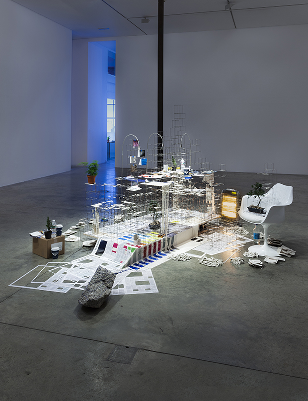 Sarah Sze, installation view, Still Life with Desk, 2013-2015; 30 January – 28 March 2015; Victoria Miro, 16 Wharf Road, London, N1 7RW. Courtesy the Artist and Victoria Miro, London © Sarah Sze