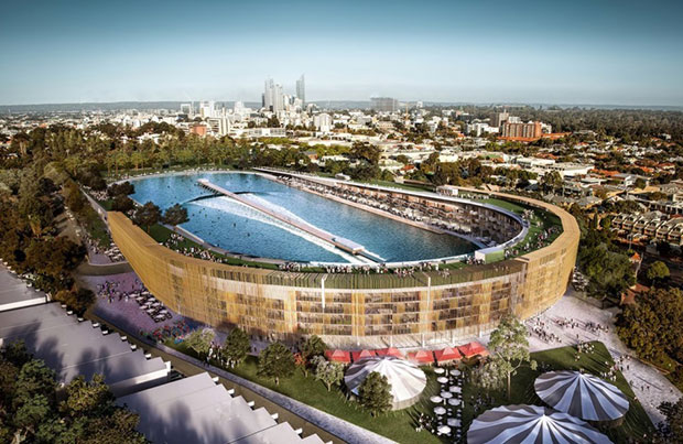 Is it a stadium? Is it a swimming pool? No it's a mixed use surf park having an identity crisis!