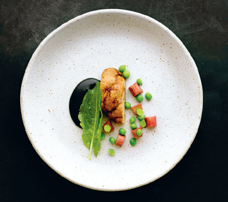 Sweetbreads, peas and rhubarb, from A Very Serious Cookbook