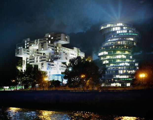 The Bank of Georgia (right, 1975), and the proposed Tbilisi Business Centre by Robin Monotti Architects