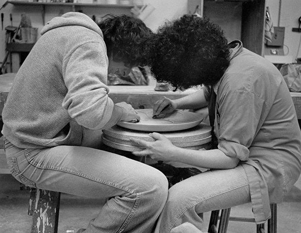 Leonard Skuro and Judy Chicago working on a plate for The Dinner Party. Image courtesy of the Flower Archive