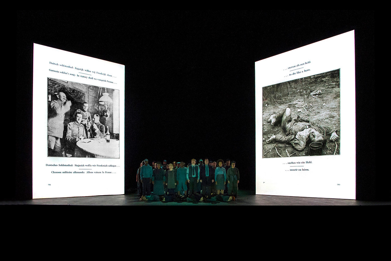 Pages from Krieg dem Kriege by Ernst Friedrich in Wolfgang Tillmans' stage design for the new English National Opera production of War Requiem by Benjamin Britten