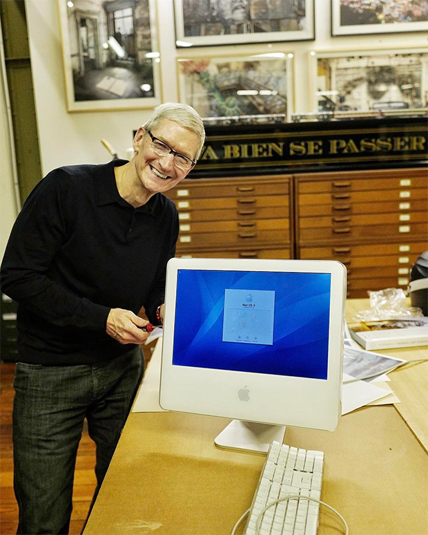 Tim Cook in JR's Paris studio. Image courtesy of JR's Instagram