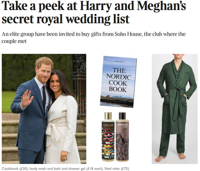 The Times' story, reporting the Royal couples' wedding list inclusions