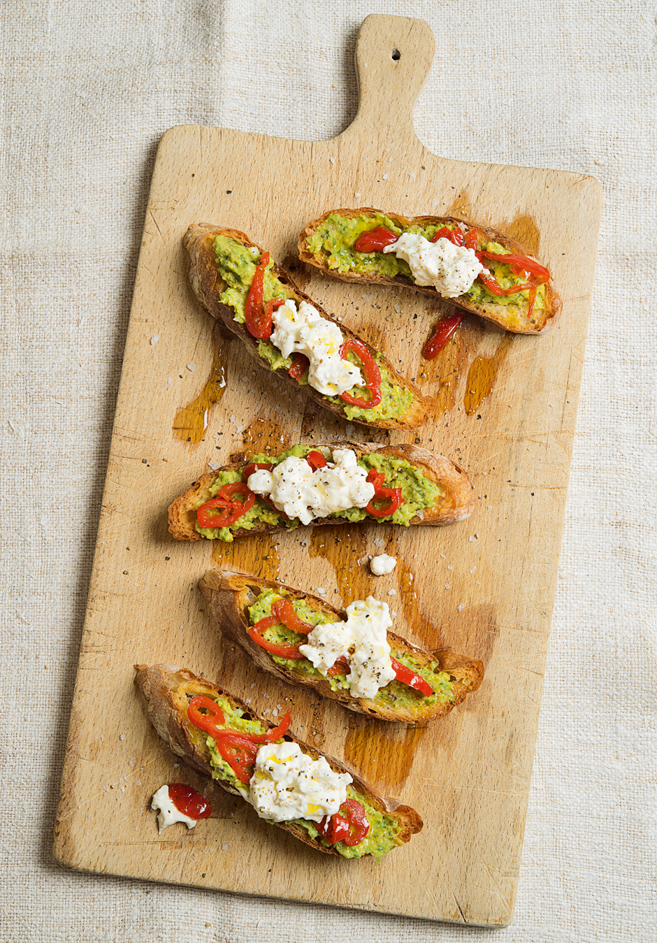 Ramp Pesto on Toast with Burrata and Peppadews