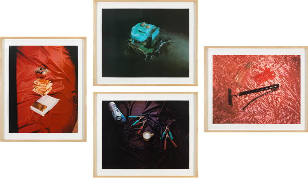 Sweets, Meats, Sheets; Closed; Air, Water,
Fire; and Open from Tropical Fish Series (1975) 4 Color screenprints Each: 25 3/4 × 32 3/4 inches (65.4 × 83.2 cm). © Ed Ruscha. Courtesy Gagosian Gallery. 