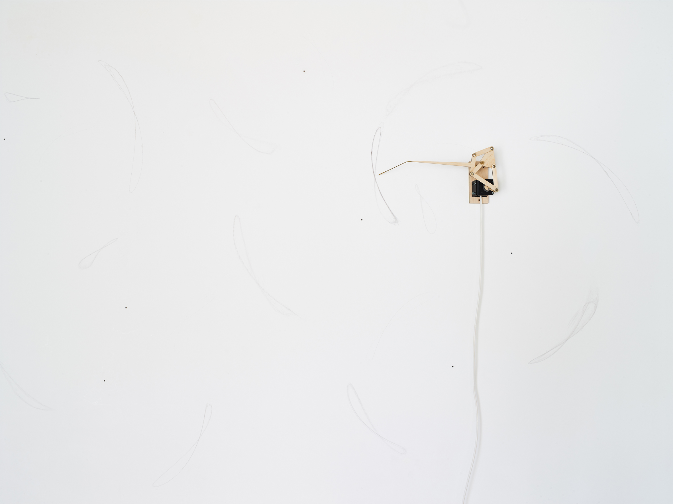 Truthplotter II, 2019, (detail), motor, Arduino, driver, power supply, cables, bearings, brass, birch plywood, adhesives, silver and wall