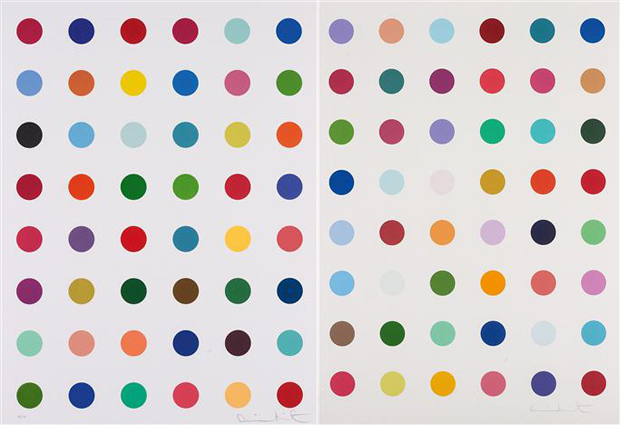 Left to right: Untitled, from Re-Object Mythos portfolio, (2007); Oleoylsarcosine (2008) both by Damien Hirst