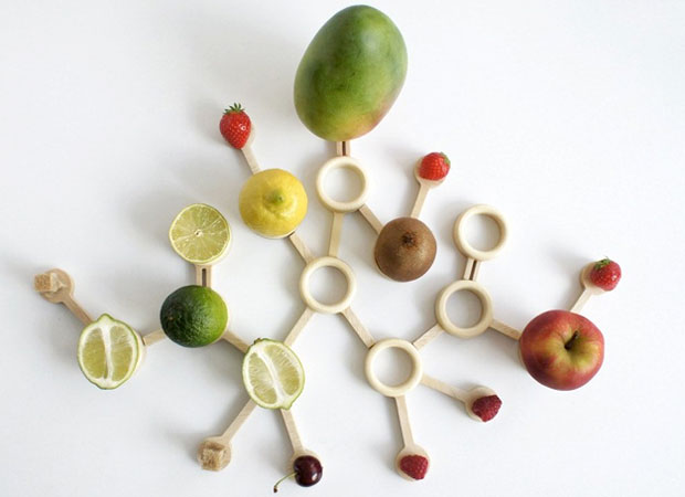 A fruit basket that takes its design from citric acid molecules