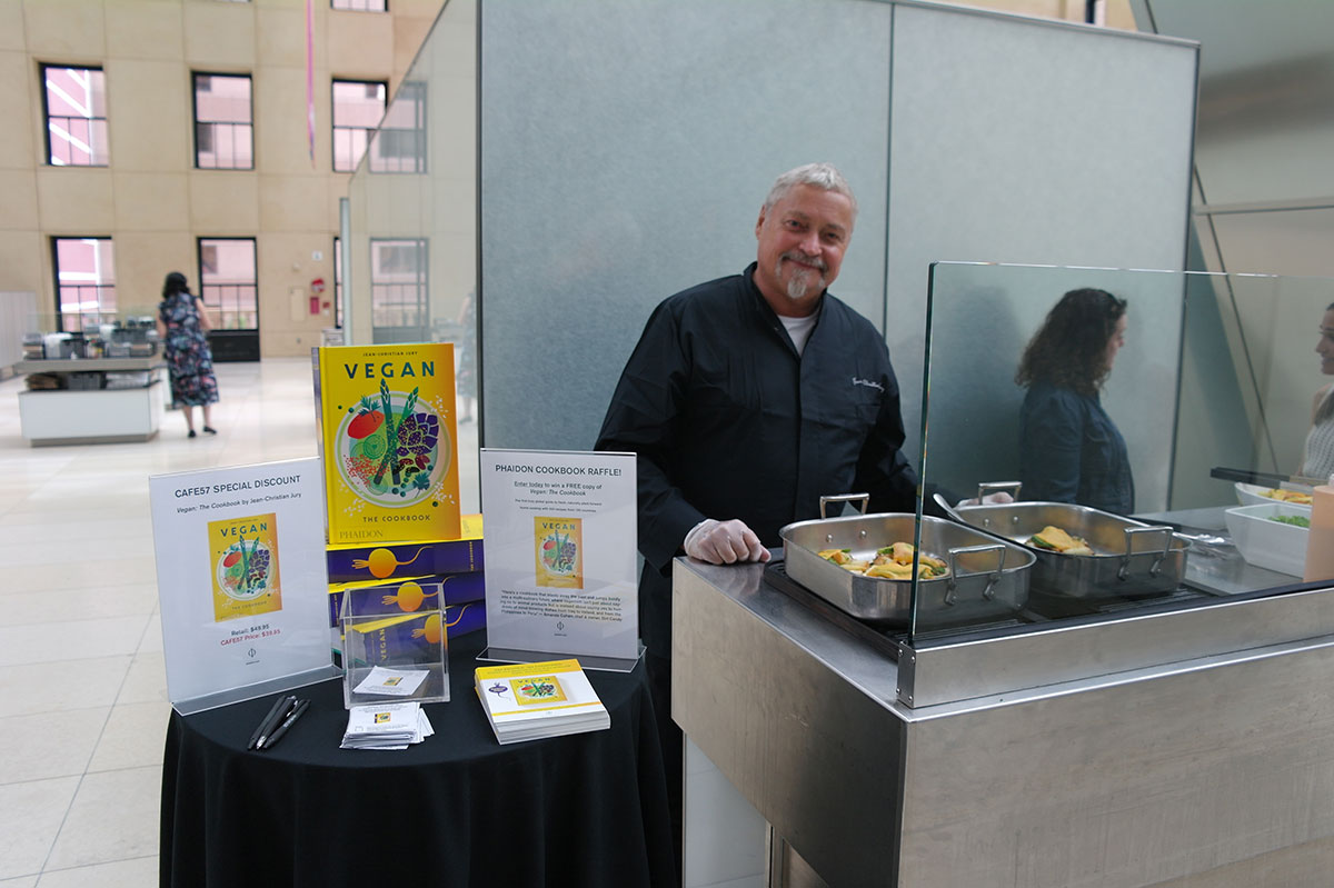 Jean-Christian Jury serving vegan food at Hearst Tower