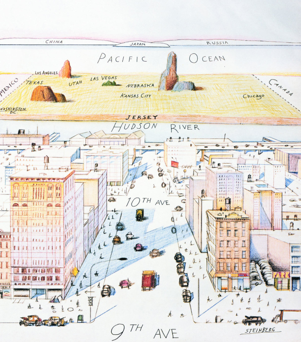 View of the World from 9th Avenue (1976) by Saul Steinberg. As reproduced in Map: Exploring the World