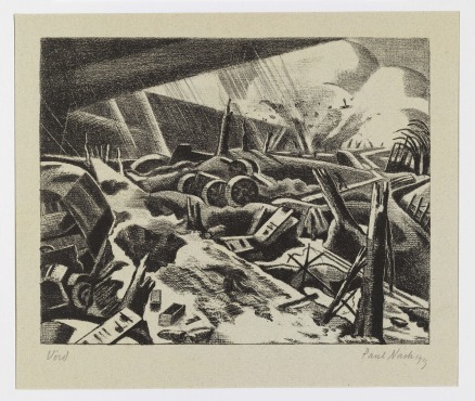 Paul Nash, 1889-1946 Void 1918 Lithograph, signed and dated in pencil Paul Nash 1919, lower right, and inscribed Void, lower left, printed in black ink on warm grey Ingres paper. 7 x 9 inches (18 x 22.9 cm) sheet 18 1/2 x 24 inches (47.3 x 61 cm) Courtesy: The Fine Art Society