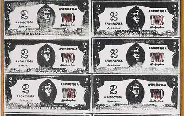 Detail from Two Dollar Bills (Fronts) [40 Two Dollar Bills in red] (1962) by Andy Warhol. Image courtesy of Christie's