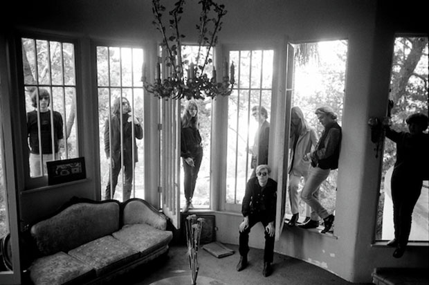 Andy Warhol with Nico, The Velvet Underground, Gerard Malanga and Mary Woronov, the Hollywood Hills, Los Angeles, 1966 by Steve Schapiro. From Warhol Underground