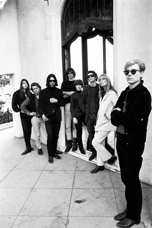 Andy Warhol with Nico, The Velvet Underground, Gerard Malanga and Mary Woronov, Los Angeles, 1966 by Steve Schapiro. From Warhol Underground