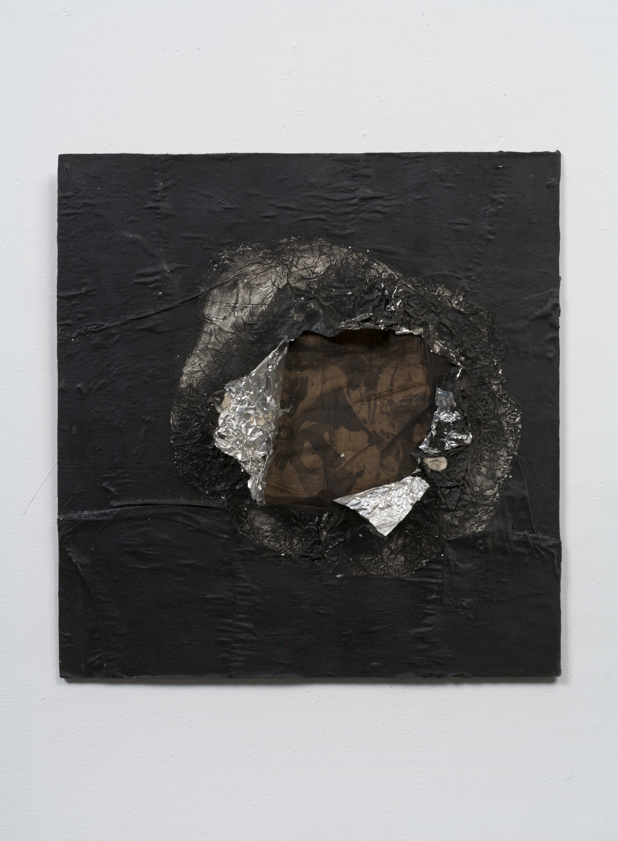 Jack Whitten, Birmingham, 1964. Aluminum foil, newsprint, stocking, and oil on plywood 16 5/8 x 16 in (42.2 x 40.6 cm). Collection Joel Wachs. © Courtesy the Jack Whitten Estate and Hauser & Wirth 