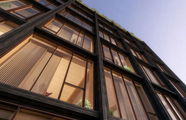 Facade detail, 475 West 18th, New York, NY, 2015. When complete, the 10-story residential building known as 475 West 18th will be the first structural timber building in New York City. The design by SHoP Architects was one of two competition winners of the U.S. Tall Wood Building Prize, sponsored by the U.S. Department of Agriculture. (Courtesy SHoP Architects PC)