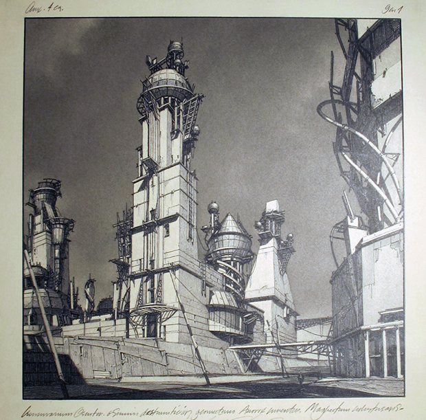 Centricity, Quad GA: Square with Geodynamic Towers (1987) by Lebbeus Woods