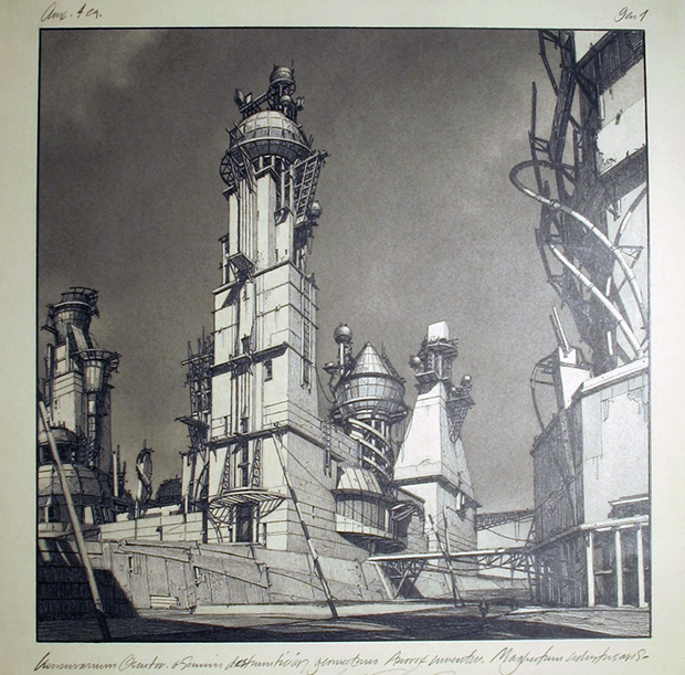 Centricity, Quad GA: Square with Geodynamic Towers (1987) by Lebbeus Woods